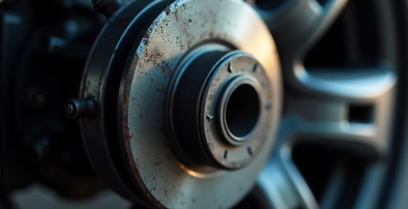 Gros plan sur un disque de frein automobile montrant les zones d'usure et de friction