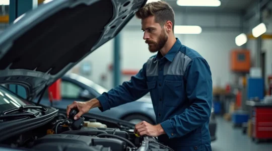 Un professionnel en atelier automobile inspectant une voiture d'occasion avec expertise et confiance