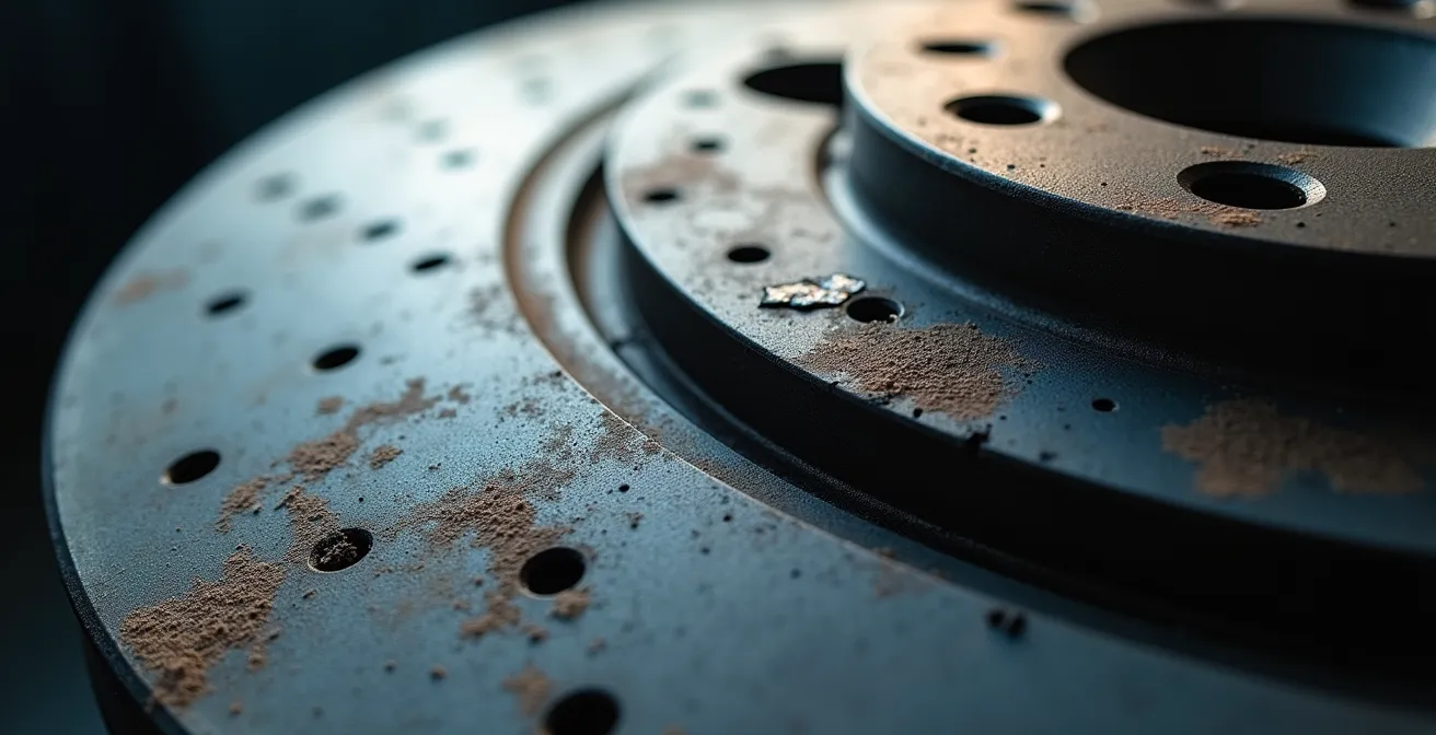 Vue détaillée de la surface d'un disque de frein montrant différentes zones d'usure