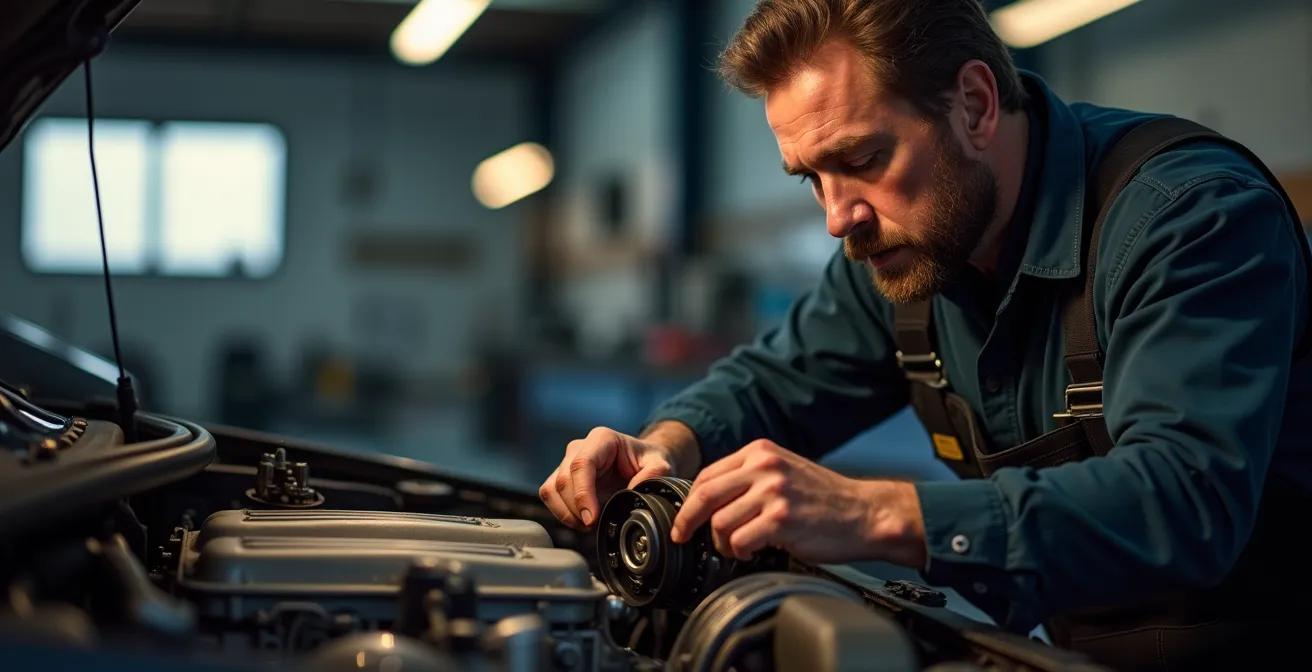 Mécanicien examinant l'usure d'une courroie de distribution
