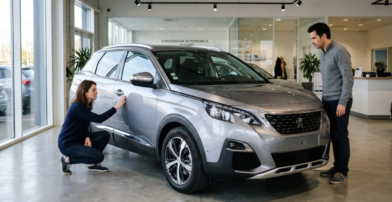 Couple inspectant de près un SUV Peugeot dans le showroom d'une concession automobile