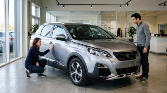 Couple inspectant de près un SUV Peugeot dans le showroom d'une concession automobile