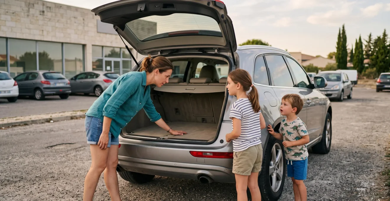 Mère avec deux enfants inspectant l'espace du coffre d'un SUV dans une concession