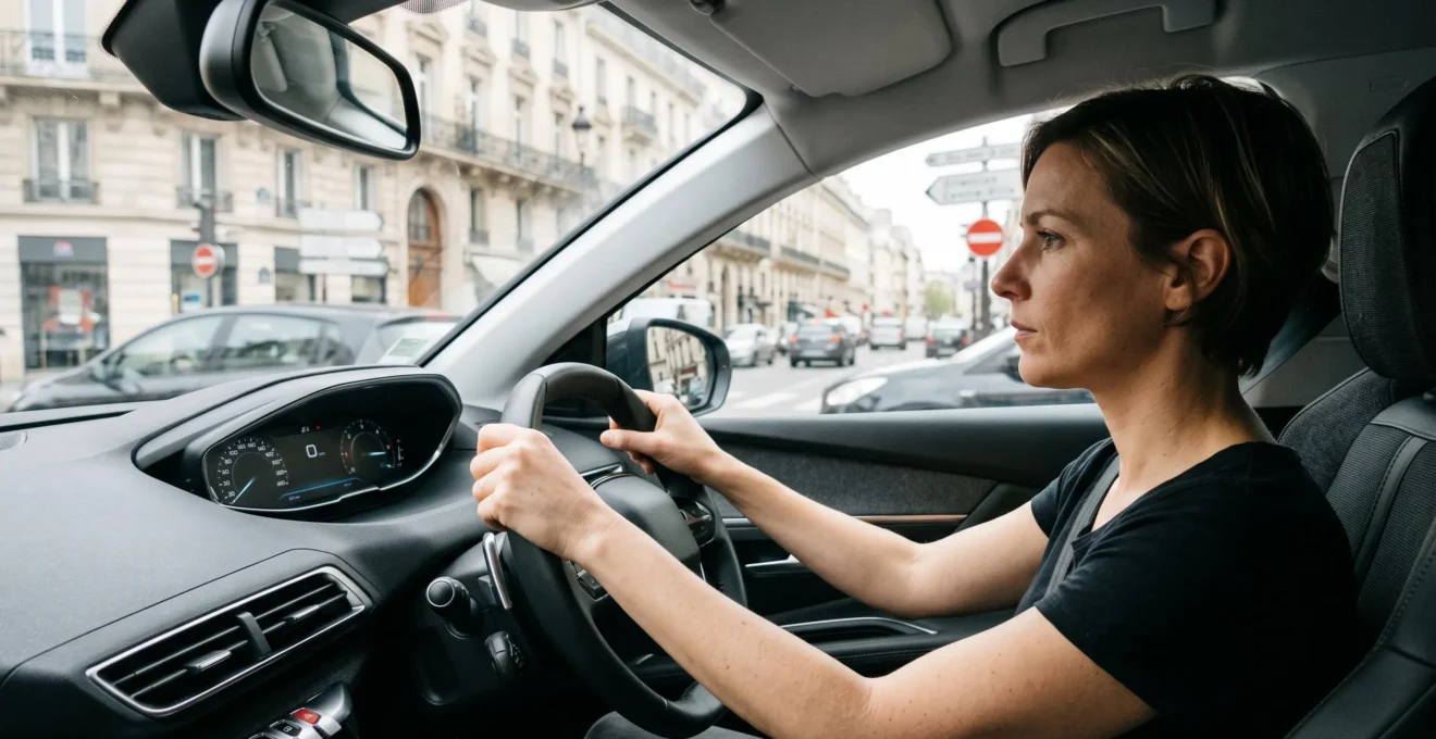 Femme au volant d'un SUV pendant un essai routier sur une rue urbaine française